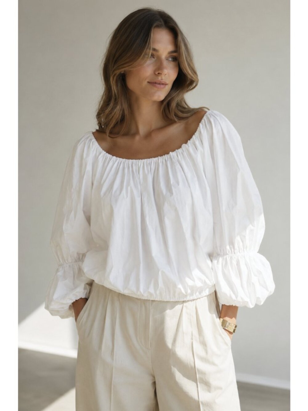 SARA BATTAGLIA Off-The-Shoulder Balloon-Sleeve Top White Cotton Small Coastal